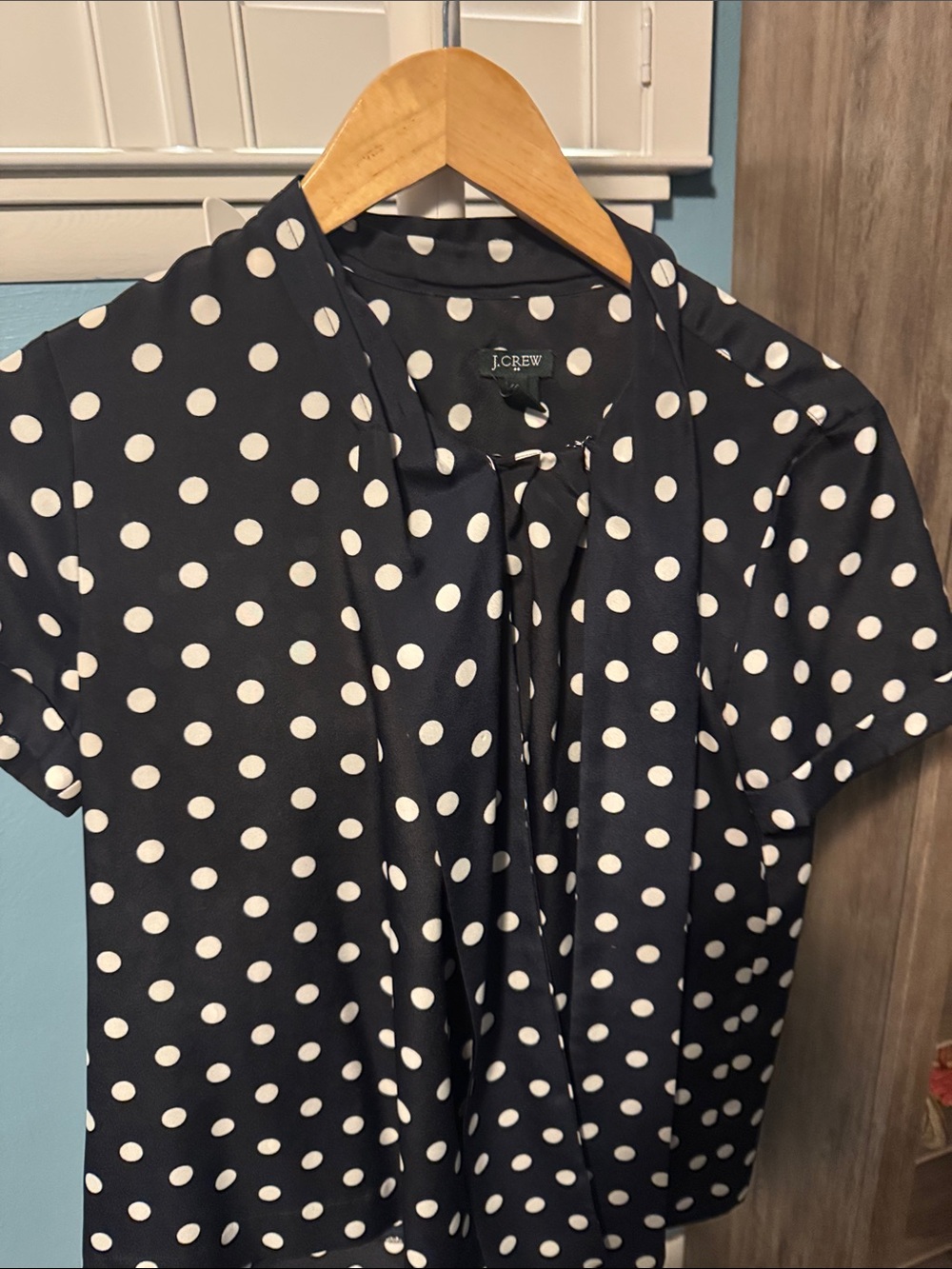 J. Crew Navy and White Polka Dot Tie-Front Blouse